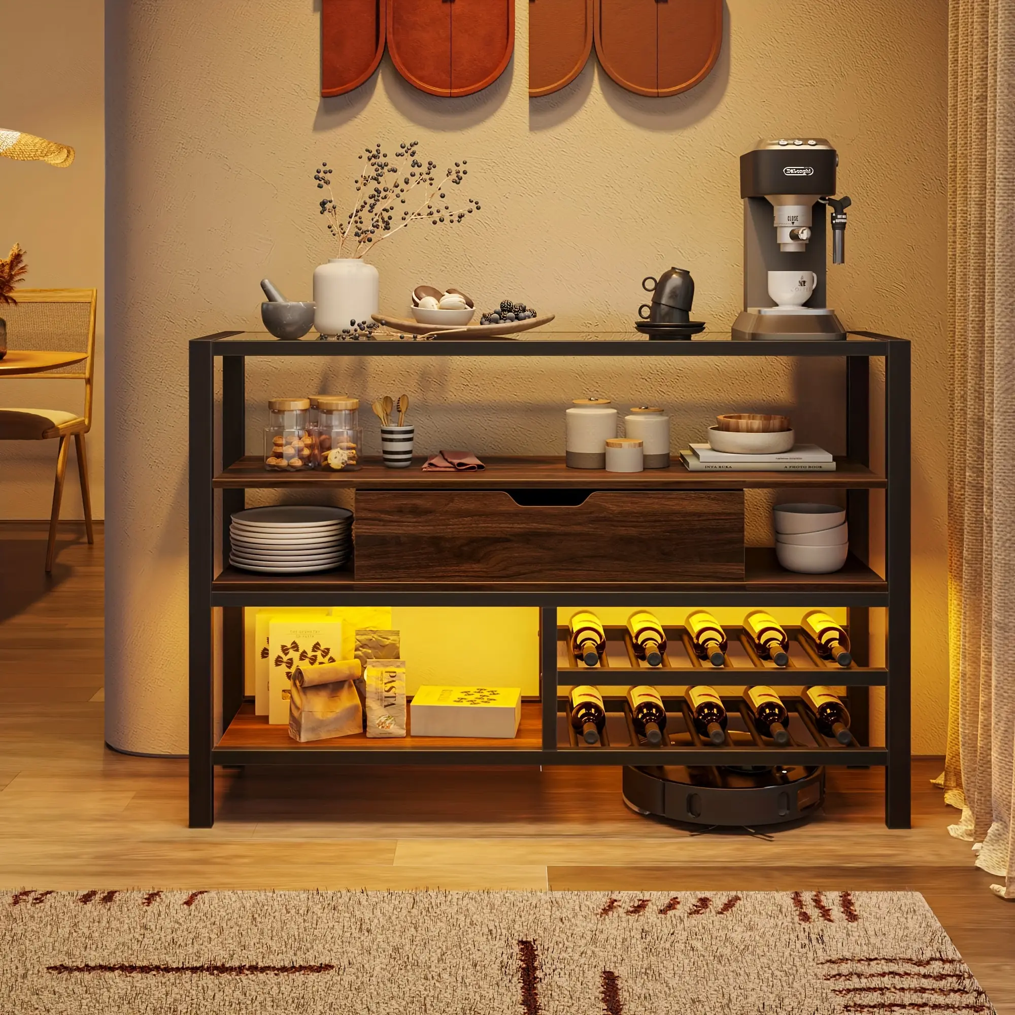 Newly designed furniture Elegant Glass Top Console Table Bar Cabinet with Wine Racks, Modern Kitchen Island Table, Kitchen Sideboard Buffet Cabinet Console Table, Walnut