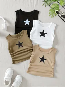 4-piece Set, Girl's Summer Solid Color Versatile Star Pattern Sleeveless Tank Top, Camis, Fitted Tank, Eid al Fitr, Casual, Simple and Comfortable Style, Summer, Baby Clothing, Maternal and Child Products