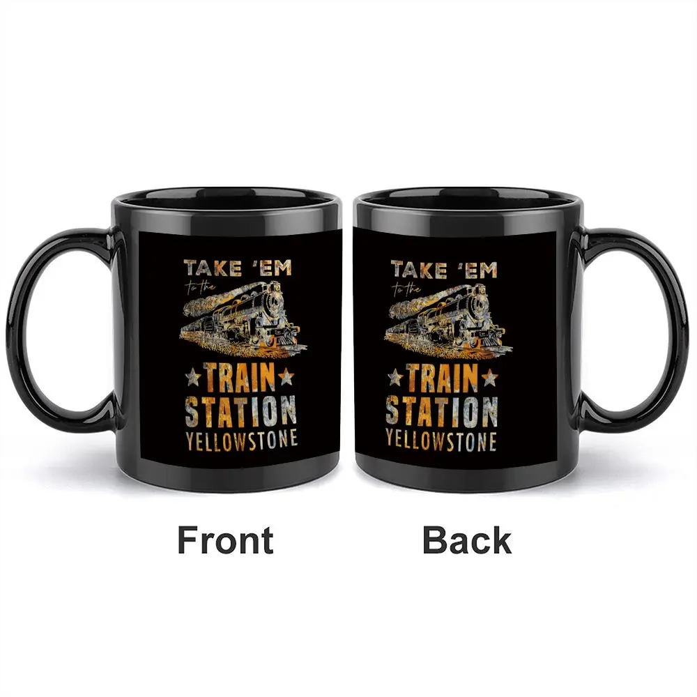 Yellowstone 'Take 'Em to the Train Station' Vintage Coffee Mugs, 11oz Black Ceramic Double-Sided Printed Cup with Retro Train Design, Western TV Show Gift for Yellowstone Fans, Dutton Ranch Enthusiasts, Dad, Birthday & Christmas Present, Drinkware
