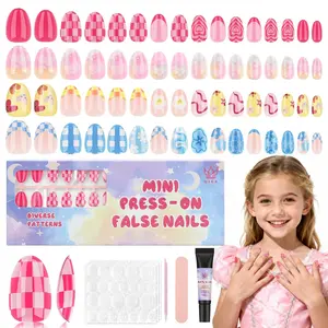 Qiek Press on Nails Kit for Kids, 4 pack 16 Sizes 128 Pieces Kid Fake Nail Kit Colorful Flower Almond Fake Nail Tips for Girls 8-12 Years Old with Jelly Nail Adhesives & Nail Builder Glue Birthday Gifts Holiday Haul