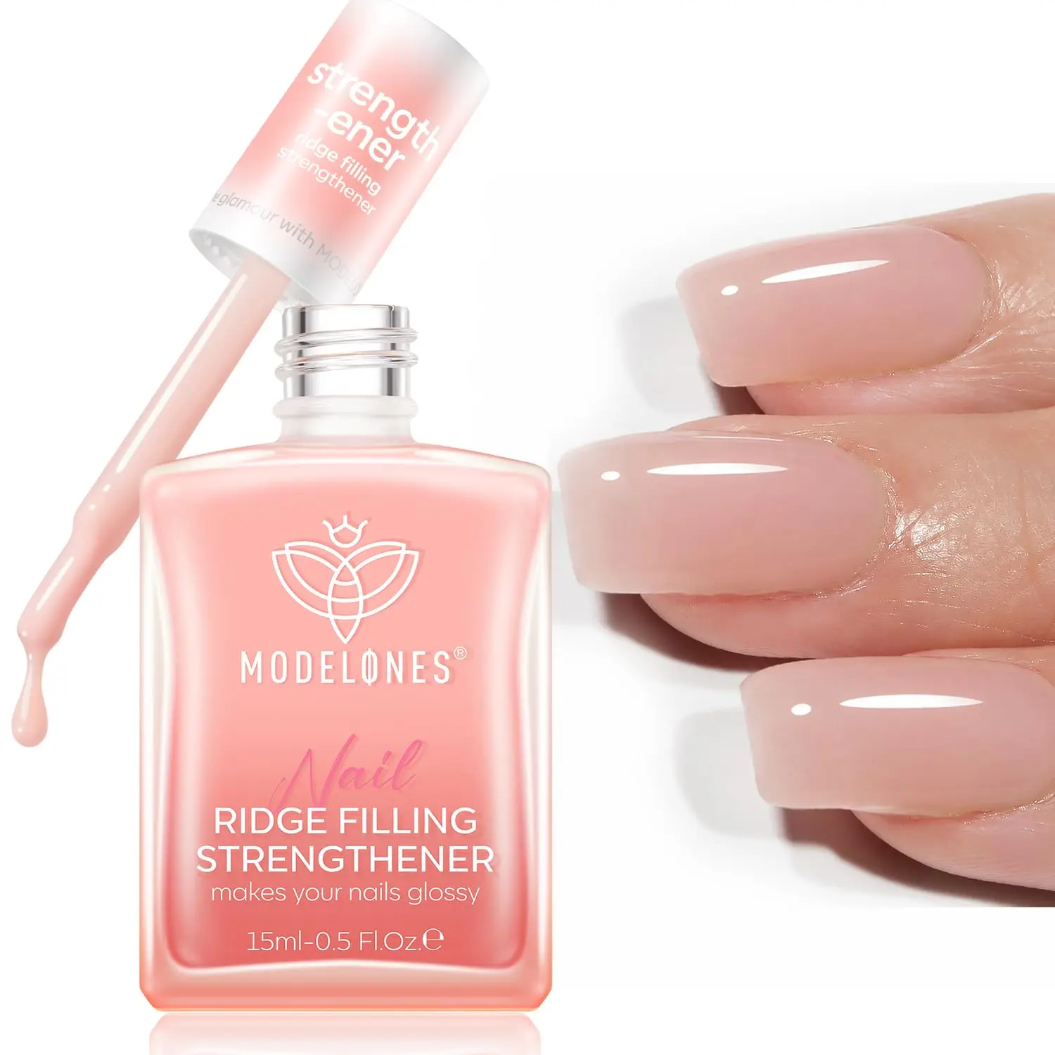 Modelones Nail Strengthener and Growth Nail Hardener Pink Nail Polish | Nail Stuff Extra Strong and Growth Nail Repair Damaged Nails Strengthening Polish Ridge Filler for Nails & Toenails 15ML