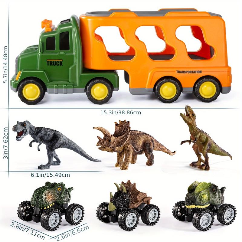 7 in 1 Dinosaur Transport Truck Toy Gifts with Mini Dinosaur lover Figures and Race Cars with Lights and Sounds Educational Play Set for Kids Birthday Christmas