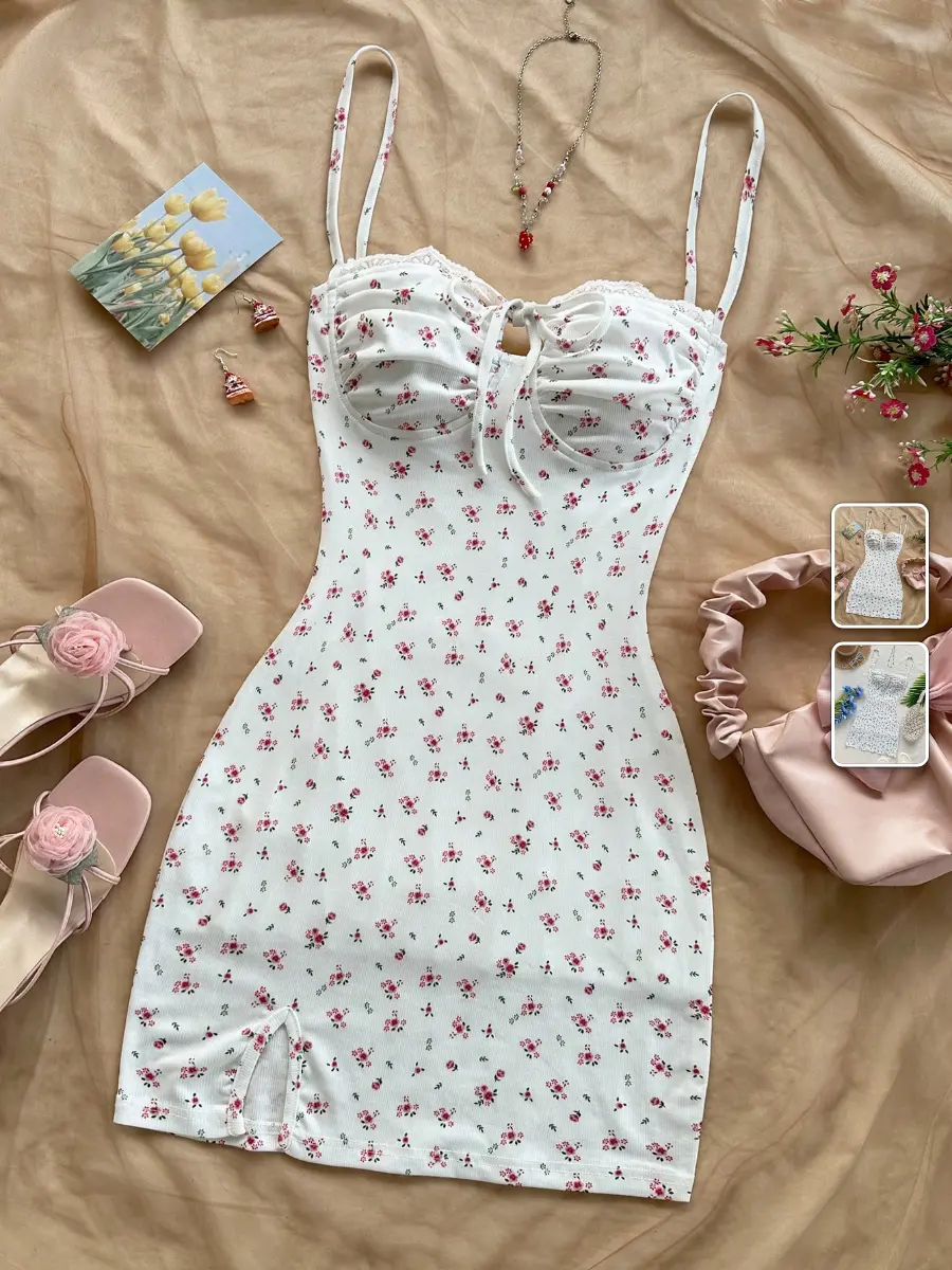 Ditsy Floral Mini Dress Cottage Core Spaghetti Strap Ruffle Open Back Summer Vacation