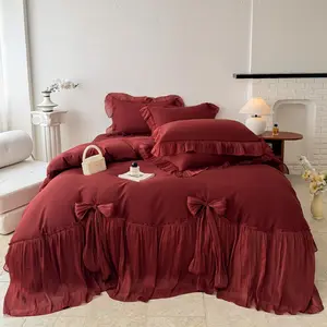 3pcs Wine Bow Wide Border Chiffon Bedding Set, Single Double Queen Size, Includes 1 Duvet Cover and 2 Pillowcases