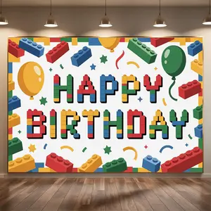 1PC Summervibes 2D Flat Building Blocks Backdrop, Colorful Brick-Style Reusable Polyester Banner, Balloon-Compatible Party Decoration Supplies for Kids' Birthday, Festival Event Photo Background