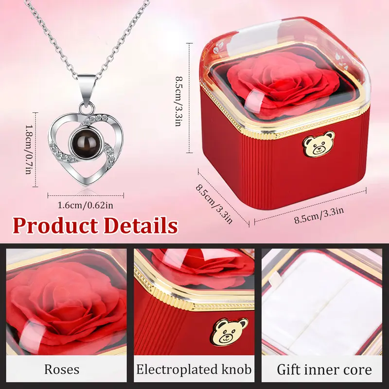Preserved Red Real Rose with Heart I Love You Necklace -Eternal Flowers Rose Birthday Gifts for Women Her Mom Wife Girlfriend Grandma on Valentines Mothers Day Anniversary Romantic