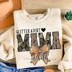 Camo Bow Glitter and Dirt Mama Of Both Shirt - Sweatshirt, Old School Camo Shirt, Girls Camo Bow Shirt, Hunting Shirt, Coquette Tee, Gift For Mom