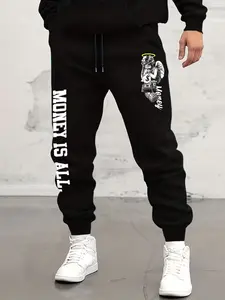 Men's Casual Sport Pants, Angel Cash Print + Text Slogan, Loose-Fitting, Comfortable Fabric, Spring & Fall, Commuter Wear, Athleisure Style Bottoms