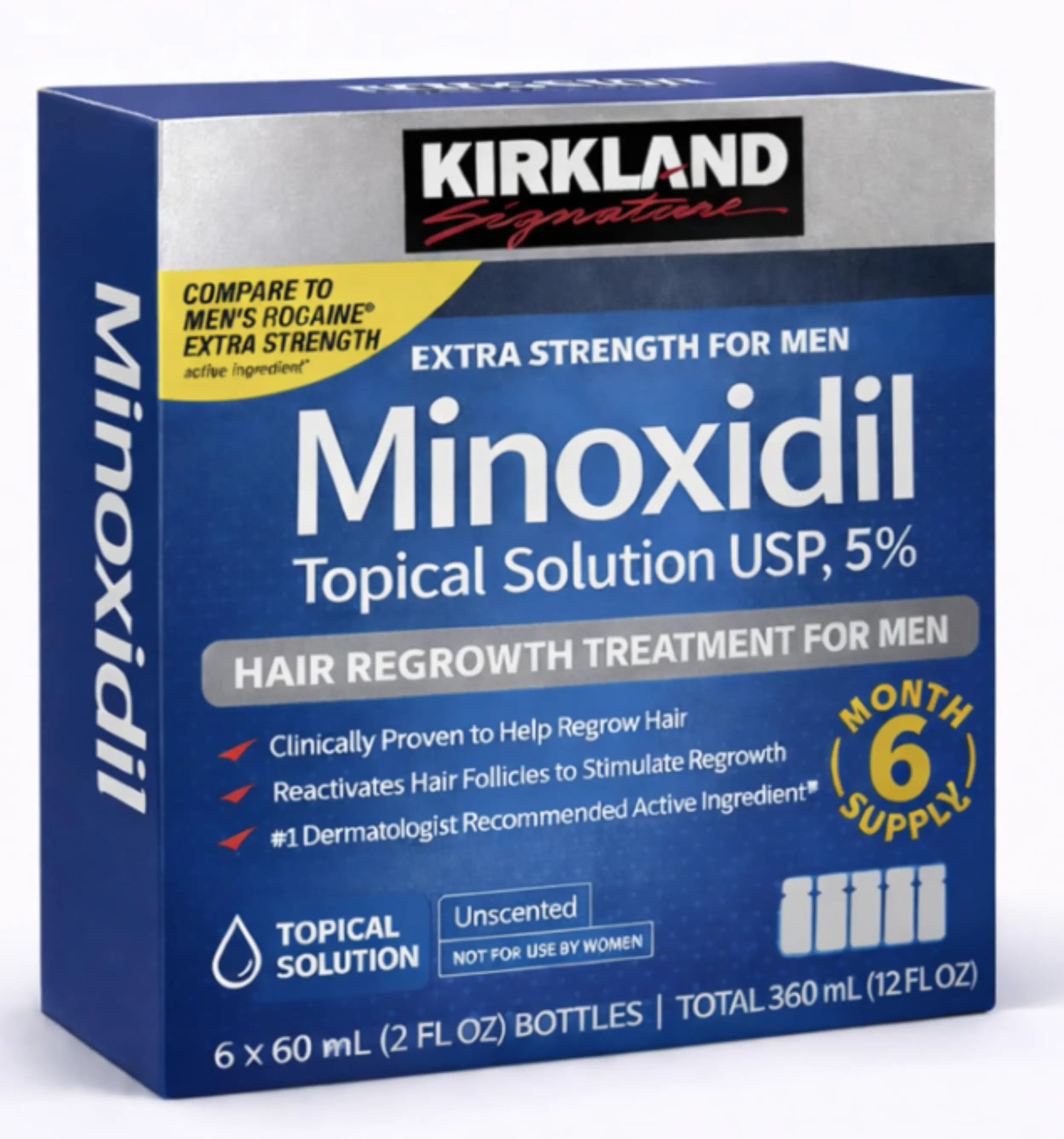 Hair Regrowth Solution - Kirkland Minoxidil 5% Extra Strength | 6 Months Supply (6x60mL Bottles) | Sealed Original 6-Pack | Men's Hair Loss, Thinning, Receding Hairline & Beard Growth Treatment | Topical Solution USP | Fast USA Shipping Dropper Haircare