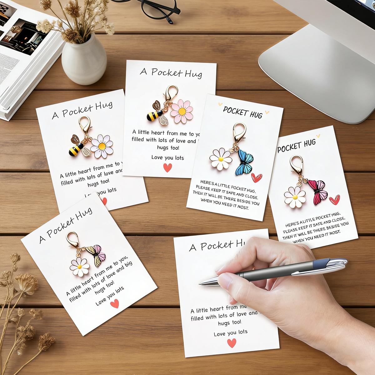 10PCS Pocket Hug Keychain Gift Set with Inspirational Cards – Cute Daisy Bee Butterfly Ladybug Encouragement Gifts for Friends, Family, Kids, Emotional Support Keepsake