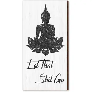 Bathroom Wall Art Funny Bathroom Wall Decor Quote Let That Shit Go Buddhist Sign with Hooks for Toilet Window Decor 6 x 11.8 x 0.2 inches(White Style)