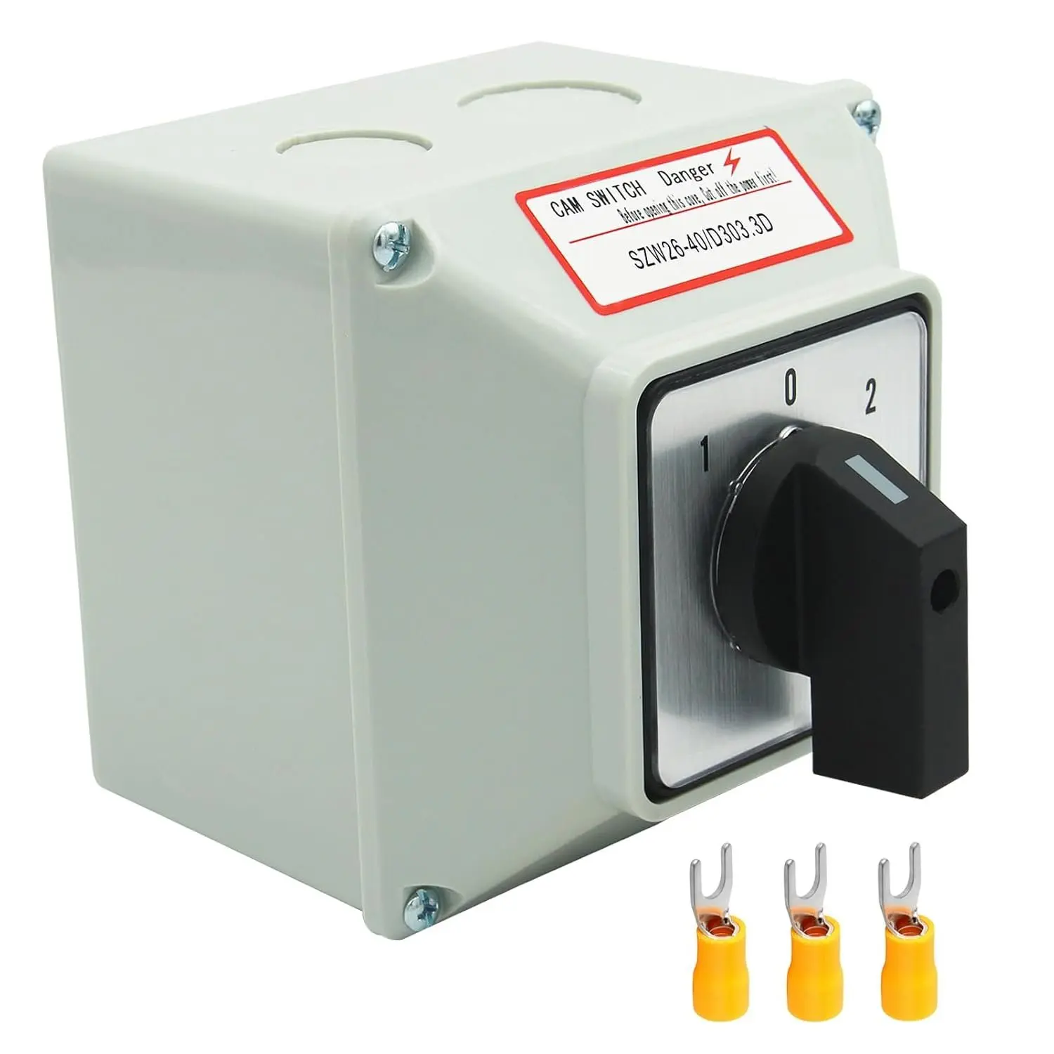 40A Rotary Changeover  with Exterior Box, 3 Position 3 Phase 12 Terminals,Universal Selector  with AWG 12-10 Yellow Terminals, Cam  Box IP65 40/D303., SZW26-40/D303.
