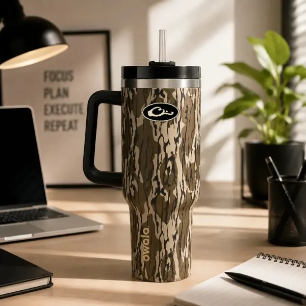 Owala Drake Camo 40oz Bottomland Camo Water Bottle, Tree Bark Camouflage Stainless Steel Insulated Travel Tumbler with Handle and Magnetic Lid, Hunter Gift for Men