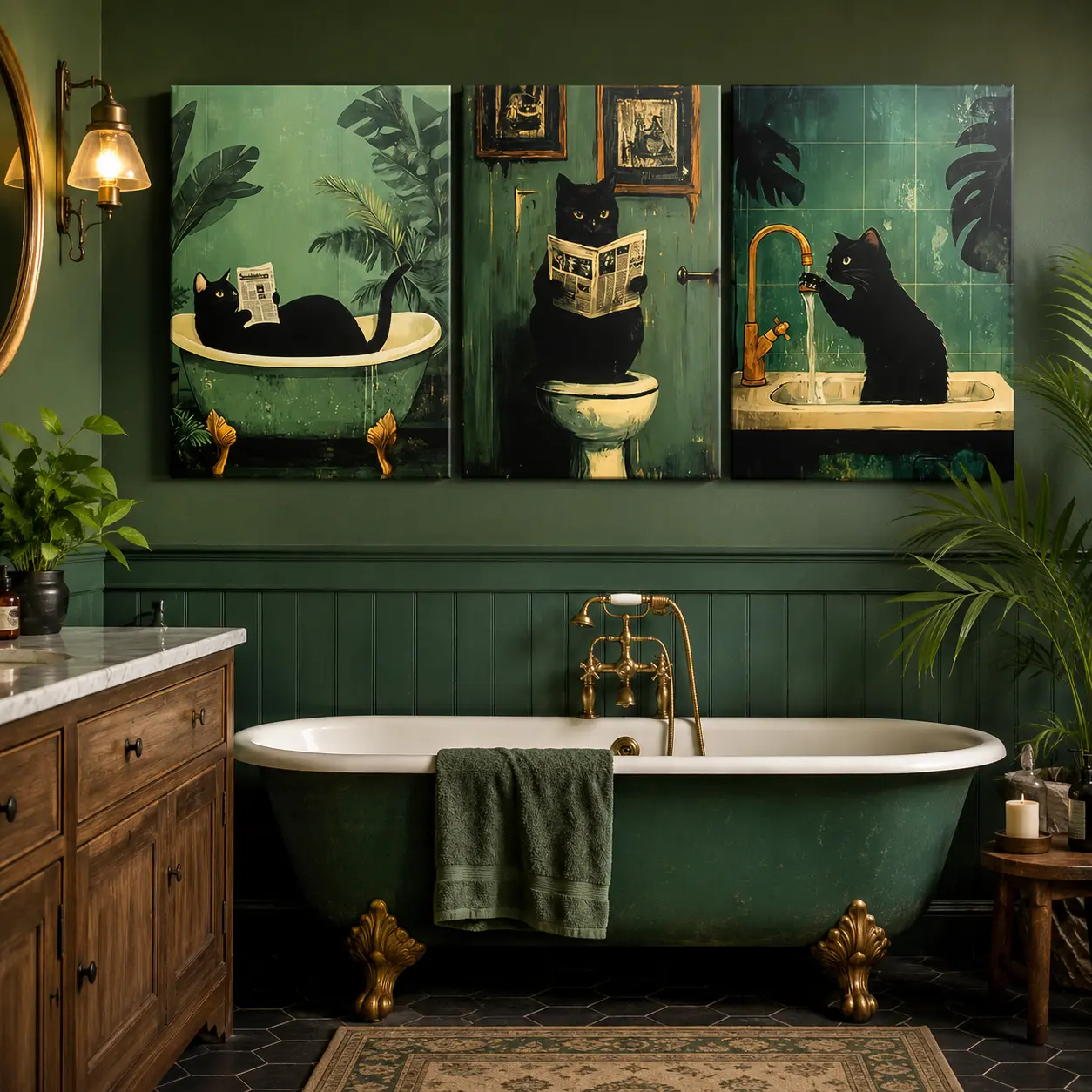 2D Flat Framed Cat Bathroom Wall Art Set of Three Modern Vintage Bohemian Style Indoor Canvas Poster Vertical Framed Animal for Living Room Bedroom Spring Summer Decoration Wooden Frame