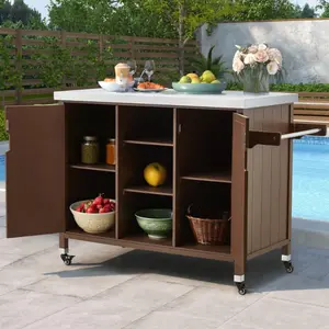 Solid Wood Outdoor Kitchen Island Grill Cart with Stainless Steel Top, Movable Patio Bar Cart with Storage Cabinet, Spice Rack, and Towel Holder for Garden, Porch, Balcony, or Backyard