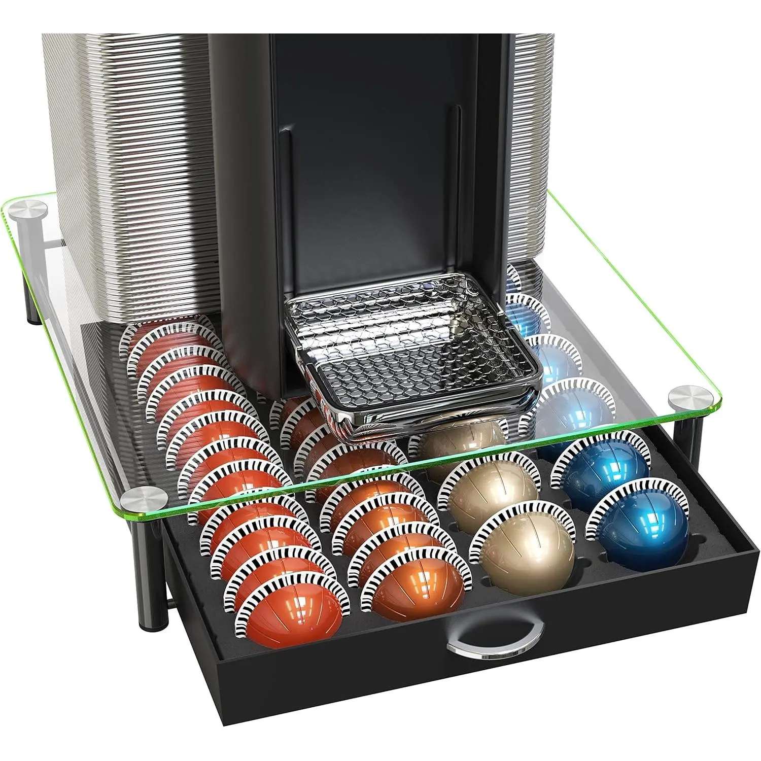 Tempered Glass Vertuo Pod Holder Drawer, 24 Large or 48 Small  Capsule Organizer