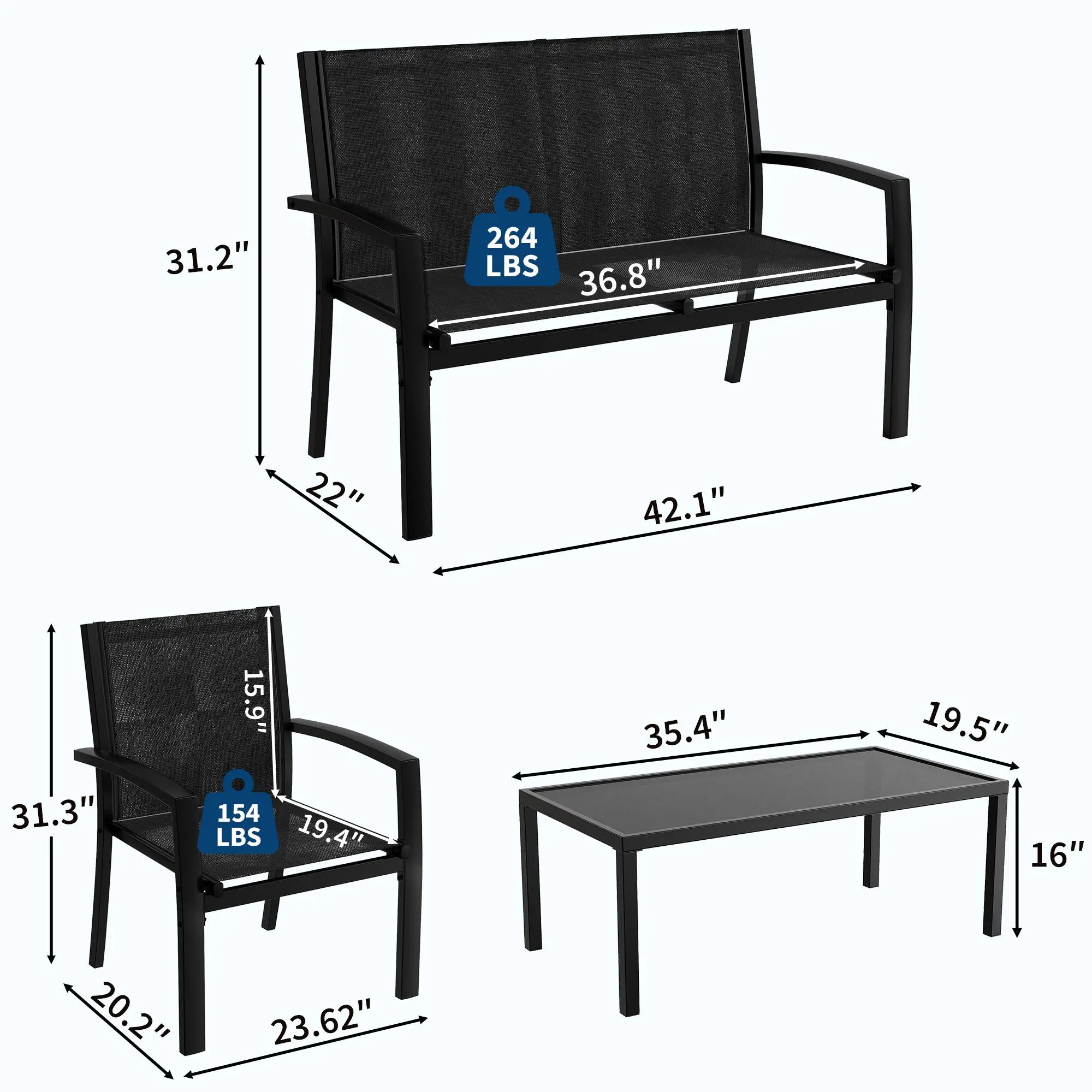 4 Piece Patio Bistro Set - Outdoor Metal Furniture with Loveseat, 2 Single Chairs & Coffee Table - Breathable Textilene Seats - Ideal for Porch, Backyard, Balcony, Garden, Black