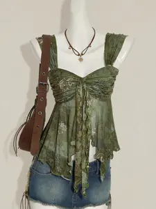 Meghana  ICON Vintage Print Asymmetrical Hem Mesh Trim Women Tank Top