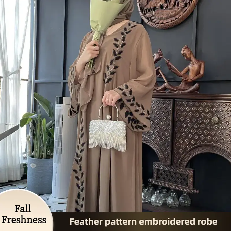 【FallFreshness】CL14 Unique and exquisite embroidery design abaya, chiffon abaya, two piece set, summer abaya,Muslim robe Modesty Maxi Formal Women Chi
