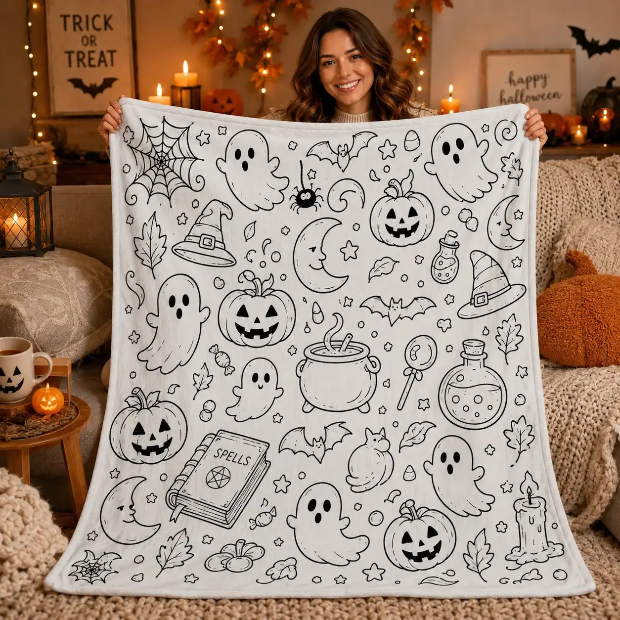 Halloween DIY Coloring Throw Blanket, Soft Flannel Ghost Pumpkin Witch Hat and Bat Doodle Print for Kids Bedroom and Family Lounge Decor, Creative Color Your Own Bed Throw for Movie Night, Halloween Gift for Children and Families