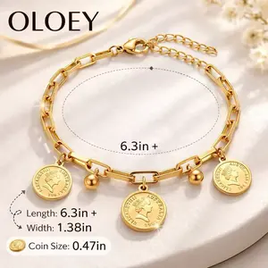 OLOEY 14K Plated Zinc Chain Bracelet with Coin Pendant, Hip-Hop Style, Elegant Design for Women, Perfect Gift, Durable 316L Stainless Steel, Hypoallergenic Material, Suitable for Everyday Wear and Spring Gifts