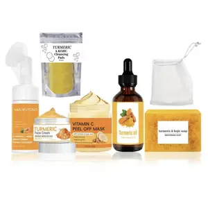 Turmeric Facial Care Set - Turmeric Facial Cleanser with Brush, Exfoliating Facial Pad, Turmeric Essential Oil, Turmeric Cream, Vitamin C Mud Mask and Facial Cleansing Block (6-piece set)