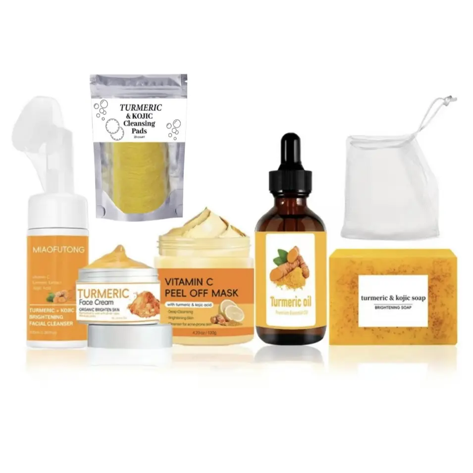 Turmeric Facial Care Set - Turmeric Facial Cleanser with Brush, Exfoliating Facial Pad, Turmeric Essential Oil, Turmeric Cream, Vitamin C Mud Mask and Facial Cleansing Block (6-piece set)