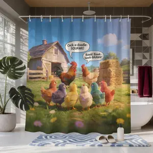 The Rooster and Hen's Quarrel Shower Curtain, Spectator Chickens, Farm, Haystacks, 3D Cartoon Style Bathroom Decor, Waterproof Shower Curtains, Includes 12 Hooks