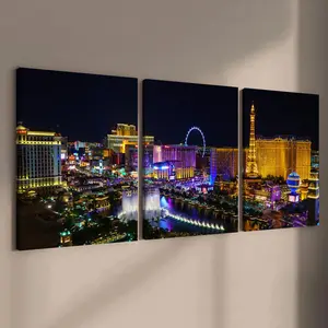 Wooden Framed Canvas Painting, 3 Counts Modern Art Night City Pattern Wall Art Decor, Wall Art Decor for Home Living Room Bedroom Office