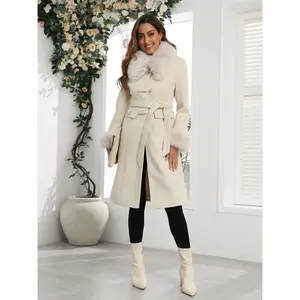 Women’s solid-color belted thermal overcoat with pockets; elegant, chic fashion coat with contrast faux fur trim and button decor for daily outdoor wear; women’s clothing for fall and winter jackets.