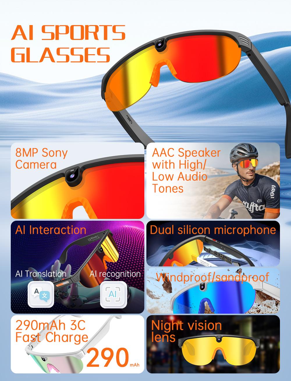 2026 AI Smart Glasses with Camera Dust UV Proof Cycling Sports Goggles- HD Video Recording Glasses with Audio, Music Playback, Wireless Call, Touch Control, Real-Time Translation, AI Object Recognition, for Men Women, Translation Glasses