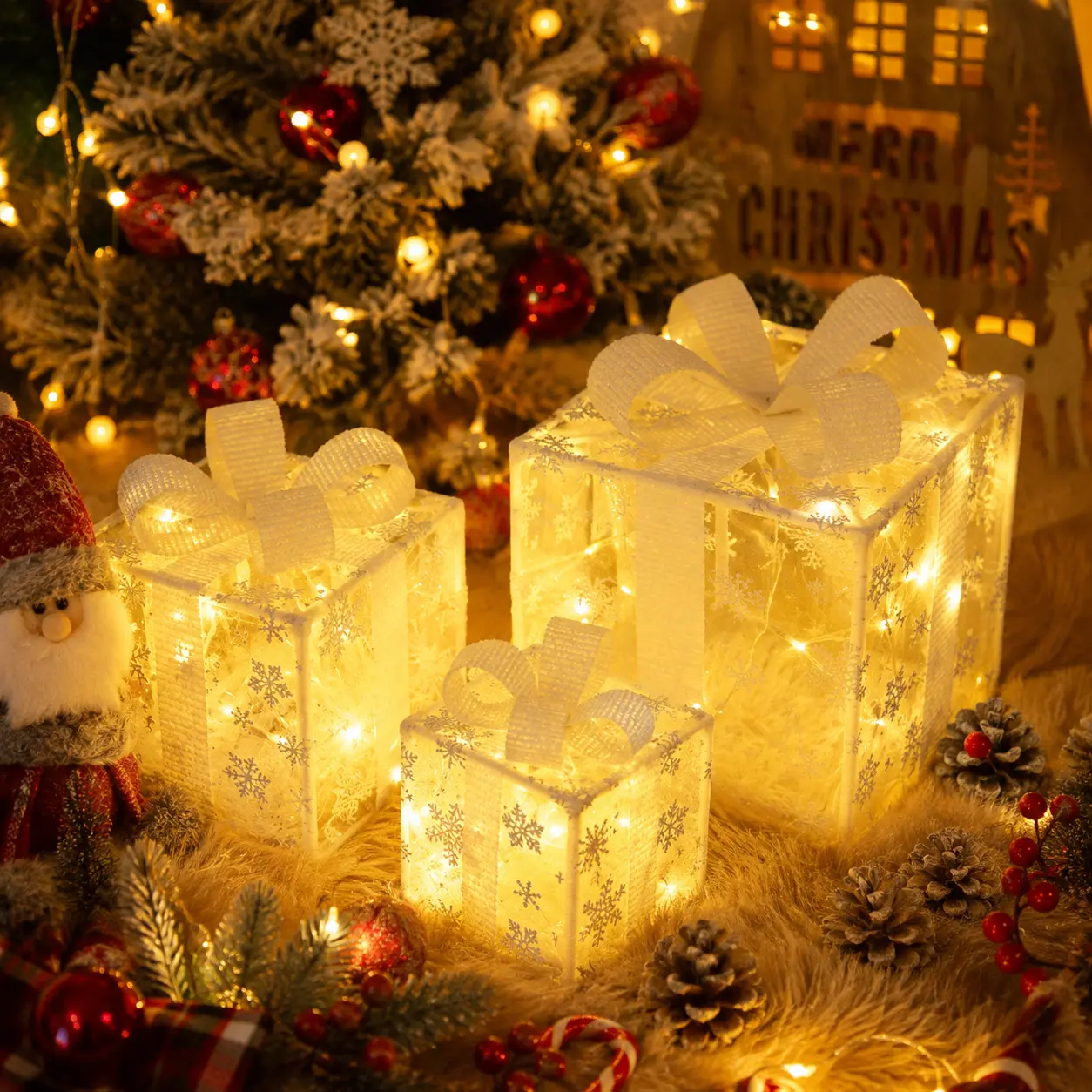 3pc Christmas Light Gift Box with Remote Control, 8 Modes, Warm Glowing Lights, Festive Ribbon Decor, DIY Assembly Crafts, AA Battery-Powered (Battery Not Included) for Indoor & Outdoor Home Festive Decorations