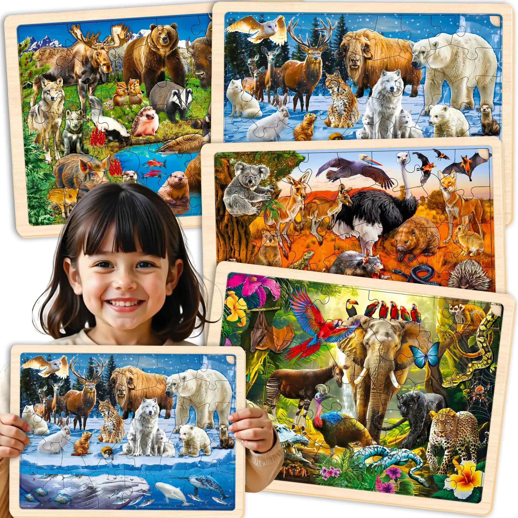 QUOKKA 4-Set 36-Piece Wood Jigsaw Puzzles for Kids Ages 4-8, Animal Shapes with Yellowstone & Australian Themes, Polar Animals Learning Game for Hand-Eye Coordination, Birthdays & Family Activities
