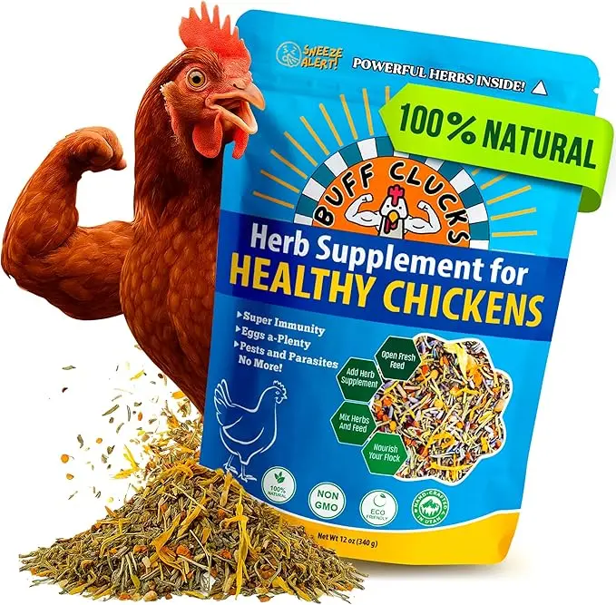 Buff Clucks Herb Supplement for Backyard Chickens - Natural Chicken Treats with Oregano, Basil, Garlic, Rosemary, Red Pepper Flakes, Lavender, Calendula for Immunity, Daily Wellness, Egg Quality, Digestion Support for all Bird - USA Poultry Feed