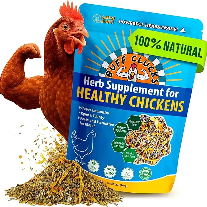Buff Clucks Herb Supplement for Backyard Chickens - Natural Chicken Treats with Oregano, Basil, Garlic, Rosemary, Red Pepper Flakes, Lavender, Calendula for Immunity, Daily Wellness, Egg Quality, Digestion Support for all Bird - USA Poultry Feed