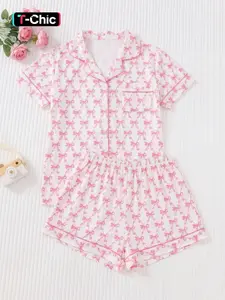 Women's Two-Piece Sleepwear Loungewear Set, Base Bow Full-Print, Soft Breathable Fabric, Casual Fitted Short Sleeve Top & Shorts, Pajama Set, Pyjamas, Pjs, Womenswear