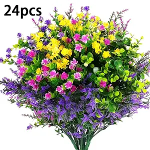 12/24pcs Artificial Flowers Outdoor, Faux Artificial Plants UV Resistant Plastic Flower Bulk Artificial Flower Decoration for Hanging Planter Porch Window Home Wedding Fall Summer Decor
