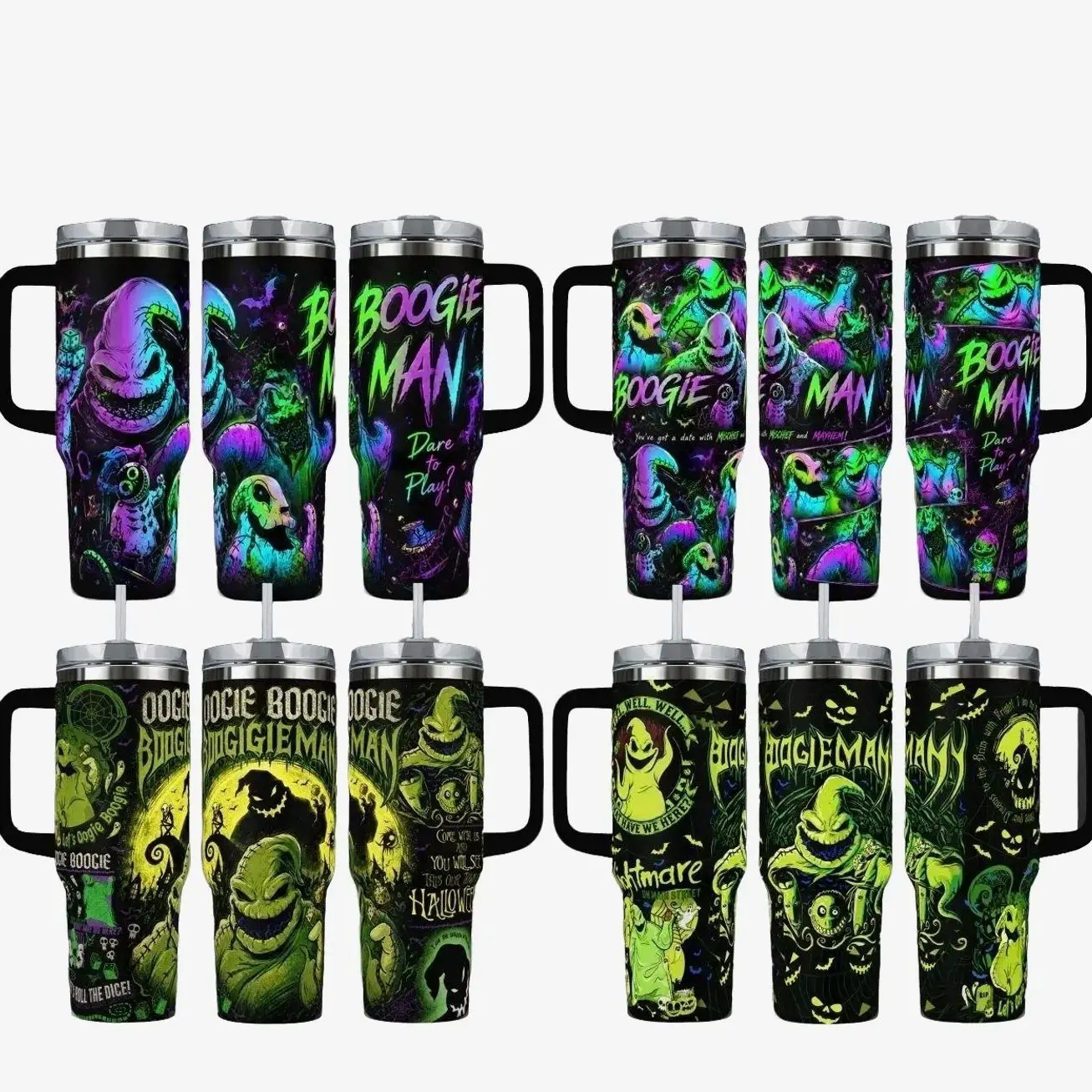 Gambling Bogeyman Tumbler, Halloween 40oz Cup with Handle & 20oz Travel Mug. Movie Fan Gift, The Bug King Gothic Style Insulated Coffee Cup, Nightmare Before Xmas Inspired Insulated Tumbler Featuring Neon Comic Style Graphic Design.
