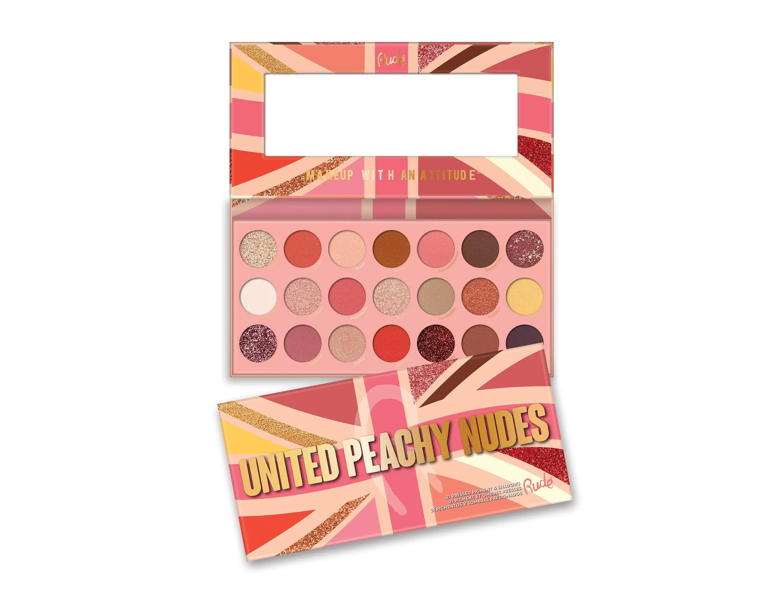 United Peachy Nudes - 21 Pressed Pigment & Shadows Palette with Matte, Shimmer & Glitter Eyeshadow Shades Shades