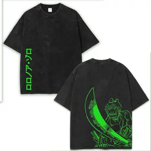Roronoa Zoro One'Piece Edition Double Printed Oversize Tee Anime Mange Vintage Design Top Cotton Streetwear T-Shirt for Menswear & Womenswear Fabric Oversized casual One Piece Devil Fruit Graphic Retro Washed Unisex good