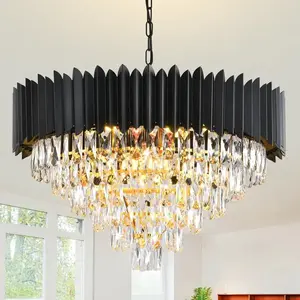 Modern Crystal Chandeliers for Dining Room 6 Tiers Black Chandelier Living Room Round 15-Light Contemporary K9 Raindrop Ceiling