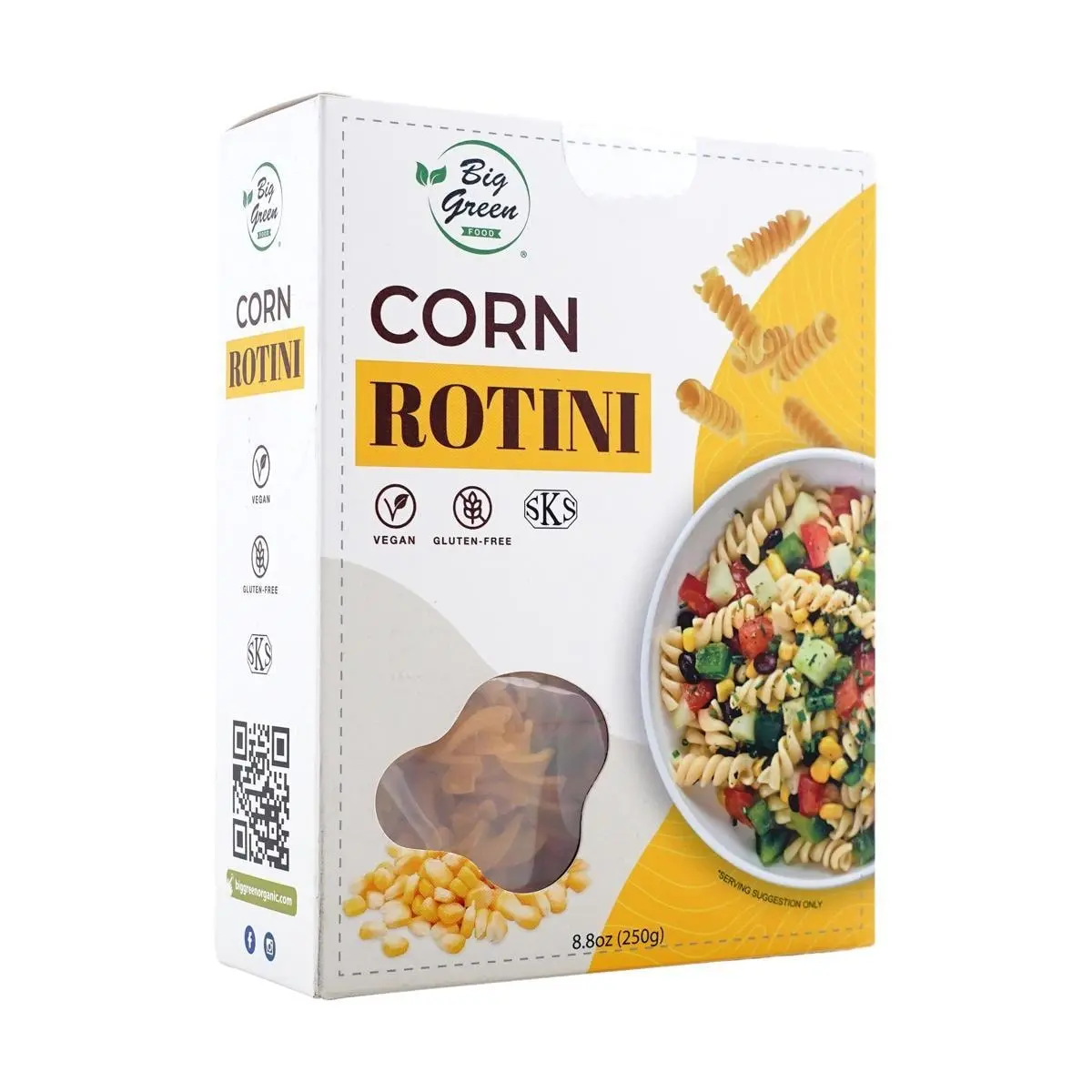 BIG GREEN Organic Corn Pasta - Gluten-Free Fusilli, Vegan & Non-GMO Spaghetti for Healthy Eating, 250g