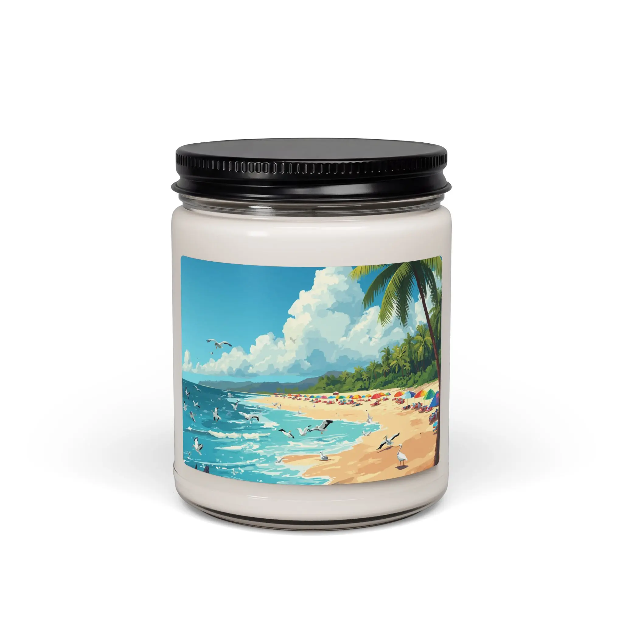 Tropical Beach Illustration Candle | 9oz Soy Jar, Ocean Sunset Scene