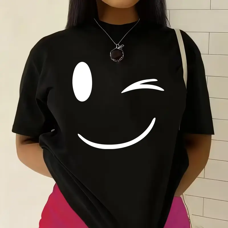Women's Classic Fit 100% Cotton T-Shirt, Cute Cartoon Smiley Face Graphic Streetwear Top for Casual OOTD, Cartoon Style, Short Sleeves, Printed Graphic, Refer To Size Chart, Shortsleeve, Digital Print, Round Neck, Graphic Print