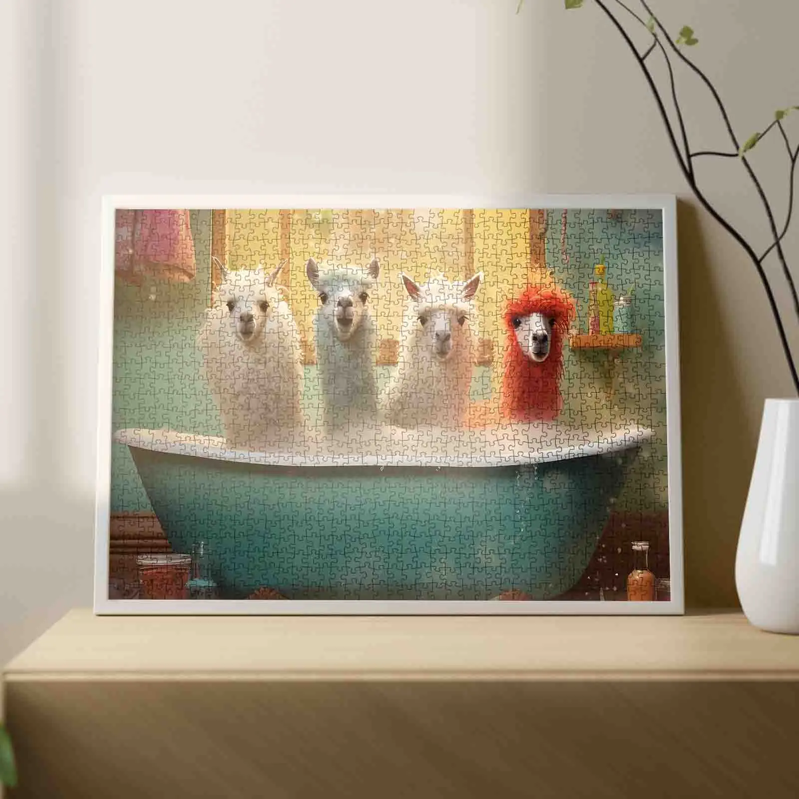 Bathtub Llamas 1000 Pieces Jigsaw Puzzle, Funny Animal Art for Adults, Cute Alpacas Enjoying Bubble Bath, Relaxing and Whimsical Family Puzzle Gift, Size 27.5x20inch(70x50cm)
