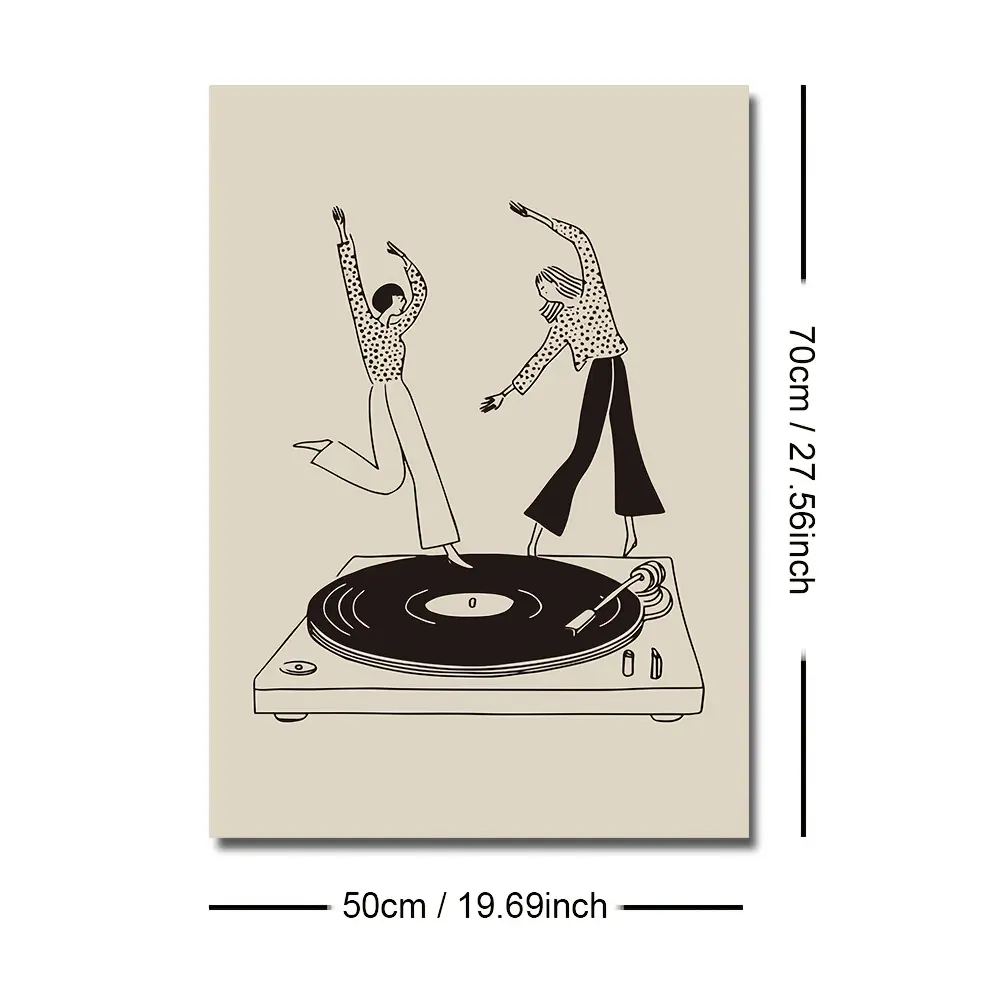 Boho Line Drawing Wall Art | Trending Mid Century Home Decor, Neutral Tone Disco Dancers Vinyl LP Minimalist Poster, Abstract Retro Music Sketch Wall Hanging, Fade Resistant Lightweight Canvas, Studio Apartment Coffee Shop Chic Wall Ornament