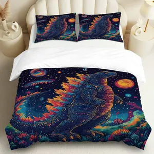 3PCS Duvet Cover Set, 1 Duvet+2 Pillowcases(Without filler), Dinosaur Space Colorful Fantasy Universe theme, Halloween bedding set, Cosmic Reptile Night Suitable for decoration bedroom, living room, guest room, dormitory.