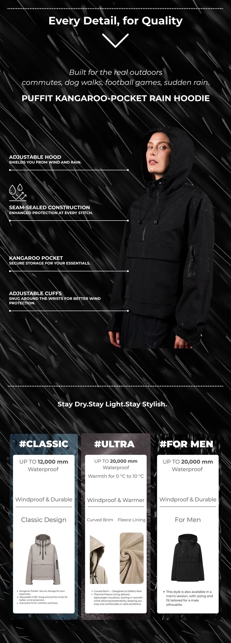 PUFFIT STM-TEX Waterproof Oversized Fall Hoodie Coat Warm Half Zip Rain Jacket with Adjustable Waist, Hood & Cuffs, Jacket Outerwear with Large Kangaroo Pocket Ladies Clothes for All Seasons Daily Wear #FallFreshness