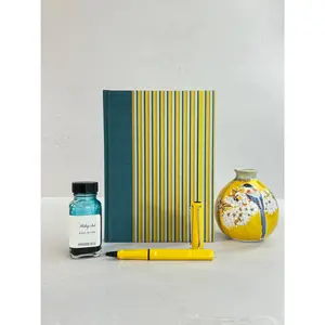 A5 160-page Hardcover Journal finished in Marine Blue Japanese book cloth and pinstripe Chiyogami Paper