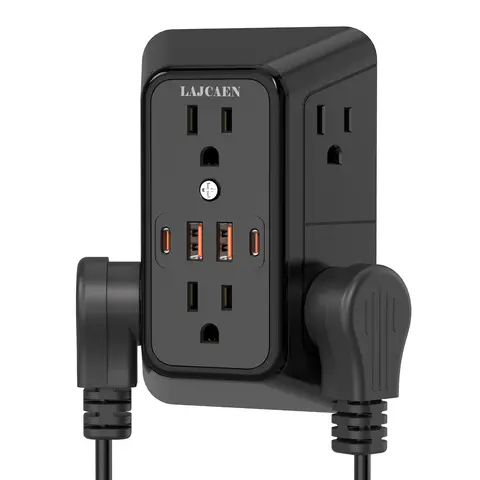 10-in-1 Multifunctional Plastic Power Strip Surge Protector Wall Socket Extender - 6 AC Outlets, 2 Type C Ports, 2 USB Ports, 3-Side Space-Saving Design, Wall Mountable, 5-Layer Safety System, 1050J Rating, Overload+Short Guard